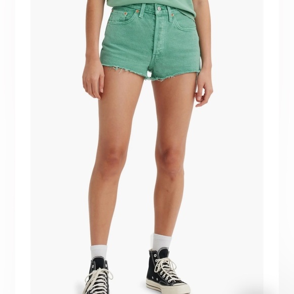 Levi’s 501 High Rise Dusty Beryl Green Raw Hem Denim Shorts -Y2K Vibes Size 28 - Picture 2 of 9